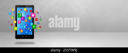 Fliegende Symbole um ein Smartphone herum. Cloud-Computing-Konzept. 3D-Illustration isoliert auf weißem Hintergrund. Fliegende Symbole um ein Smartphone herum. Wolke Stockfoto