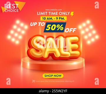 Verkaufsposter oder Bannervorlage mit leerer Podiumsszene auf orangem Hintergrund. Design von Verkaufsbanner für soziale Medien und Websites. Stockfoto