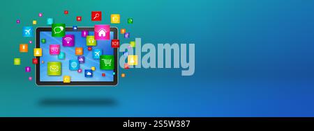 Fliegende Symbole um einen Tablet-PC. Cloud-Computing-Konzept. 3D-Illustration isoliert auf blauem Hintergrund. Fliegende Symbole um einen Tablet-PC. Wolke Stockfoto