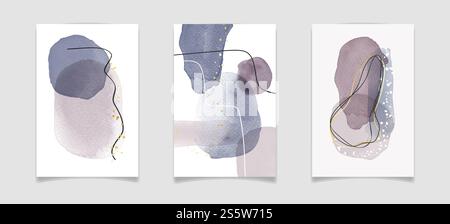 Abstrakte, minimalistische Komposition mit fließenden Beizelementen und goldenen Linien. Moderne Postermotive aus der Mitte des Jahrhunderts. Zeitgenössischer Vektor Stockfoto