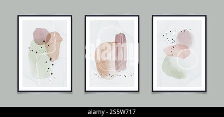 Abstrakte, minimalistische Komposition mit fließenden Fleckelementen, Punkten und Linien. Moderne Postermotive aus der Mitte des Jahrhunderts. Zeitgenössischer Vektor Stockfoto