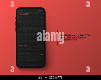 Calendar Mobile App Februar 2022 Conceptual UI Neumorphic Design Dark Version auf fotorealistischem Bildschirm des Mobiltelefons Stockfoto