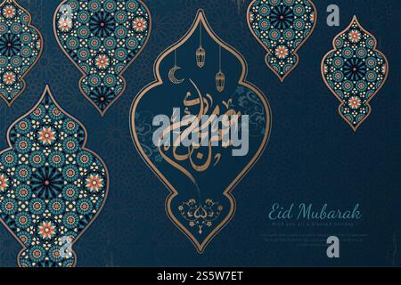 EID Mubarak Kalligraphie bedeutet einen schönen Urlaub mit wunderschönen blauen Arabesken Laternen. Eid Mubarak mit blauen Laternen Stockfoto