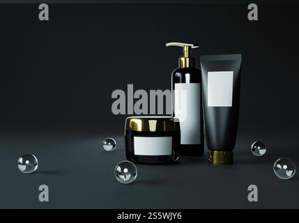 Pumpflasche, Cremebecher und Druckröhrchen auf schwarzem Hintergrund. Stockfoto