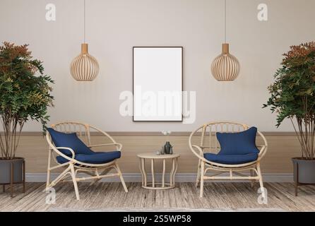 3D-Illustration Mockup Fotorahmen an der Wand im Wohnzimmer, Inneneinrichtung im skandinavischen Stil. Design mit Boho-Naturholzmöbeln Stockfoto