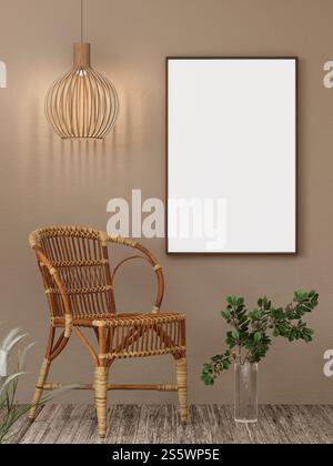 3D-Illustration Mockup Fotorahmen an der Wand im Wohnzimmer, Inneneinrichtung im skandinavischen Stil. Design mit Boho-Naturholzmöbeln Stockfoto