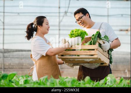 Porträt eines asiatischen Bauern-Mannes und einer Frau, die eine Holzkiste voller frisches rohes Gemüse halten. Bio-Bauernkonzept. Stockfoto