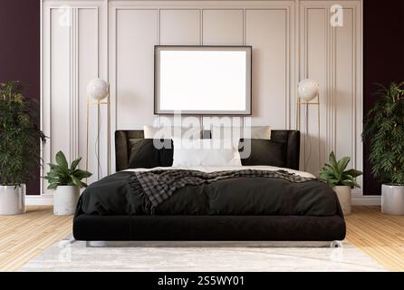 3D-Illustration, Modellfotorahmen an der Wand des Schlafzimmers, Innenraum von komfortabel mit Luxus und schönen Möbeln, Rendering Stockfoto