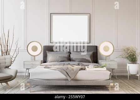 3D-Illustration, Modellfotorahmen an der Wand des Schlafzimmers, Innenraum von komfortabel mit Luxus und schönen Möbeln, Rendering Stockfoto