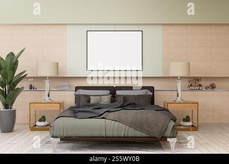 3D-Illustration, Modellfotorahmen an der Wand des Schlafzimmers, Innenraum von komfortabel mit Luxus und schönen Möbeln, Rendering Stockfoto
