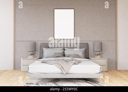 3D-Illustration, Modellfotorahmen an der Wand des Schlafzimmers, Innenraum von komfortabel mit Luxus und schönen Möbeln, Rendering Stockfoto