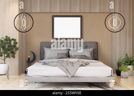 3D-Illustration, Modellfotorahmen an der Wand des Schlafzimmers, Innenraum von komfortabel mit Luxus und schönen Möbeln, Rendering Stockfoto