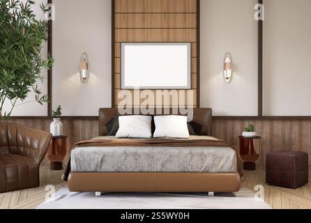 3D-Illustration, Modellfotorahmen an der Wand des Schlafzimmers, Innenraum von komfortabel mit Luxus und schönen Möbeln, Rendering Stockfoto