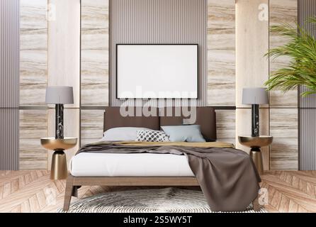 3D-Illustration, Modellfotorahmen an der Wand des Schlafzimmers, Innenraum von komfortabel mit Luxus und schönen Möbeln, Rendering Stockfoto