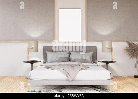 3D-Illustration, Modellfotorahmen an der Wand des Schlafzimmers, Innenraum von komfortabel mit Luxus und schönen Möbeln, Rendering Stockfoto