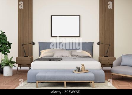 3D-Illustration, Modellfotorahmen an der Wand des Schlafzimmers, Innenraum von komfortabel mit Luxus und schönen Möbeln, Rendering Stockfoto