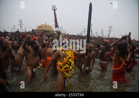 Prayagraj, Uttar Pradesh, Indien. Januar 2025. Naga Sadhus oder ein hinduheiliger Mann nehmen ein heiliges Bad in Sangam, wo sich die heiligen Flüsse Ganges, Yamuna und Saraswati treffen, während der Maha Kumbh Mela in Prayagraj, Uttar Pradesh, Indien am 14. Januar 2025. (Kreditbild: © Kabir Jhangiani/ZUMA Press Wire) NUR REDAKTIONELLE VERWENDUNG! Nicht für kommerzielle ZWECKE! Stockfoto