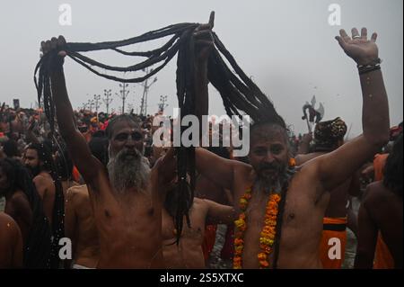 Prayagraj, Uttar Pradesh, Indien. Januar 2025. Naga Sadhus oder ein hinduheiliger Mann nehmen ein heiliges Bad in Sangam, wo sich die heiligen Flüsse Ganges, Yamuna und Saraswati treffen, während der Maha Kumbh Mela in Prayagraj, Uttar Pradesh, Indien am 14. Januar 2025. (Kreditbild: © Kabir Jhangiani/ZUMA Press Wire) NUR REDAKTIONELLE VERWENDUNG! Nicht für kommerzielle ZWECKE! Stockfoto