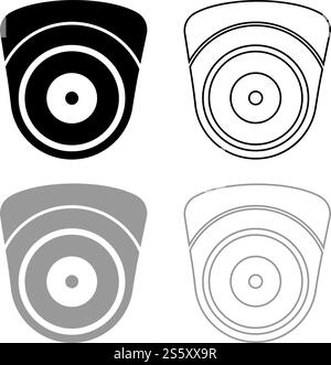 Videokamera Sphärischer Camcorder Tracking Gerät Überwachung Überwachungsgerät CCTV sicheres Konzept Symbol Umrisssatz schwarz grau Farbe Vektor Illustration flache Art einfaches Bild. Videokamera Sphärischer Camcorder Tracking Gerät Überwachung Überwachungsgerät CCTV sicheres Konzept Symbol Umrisse Set schwarz grau Farbvektor Illustration flaches Bild Stock Vektor
