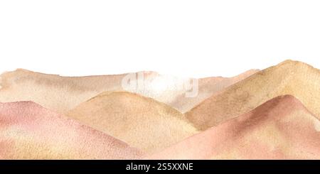 Aquarellillustration einer sandigen Wüstenlandschaft mit sanften Dünen isoliert auf weiß. Sahara-Wüste handgezeichnet. Landschaft mit goldenem Sand und Hügeln Stockfoto