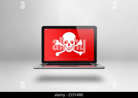 Laptop mit Piratensymbol auf dem Bildschirm. Hacking und Virenkonzept. 3D-Illustration isoliert auf weißem Hintergrund. Laptop mit Piratensymbol Stockfoto
