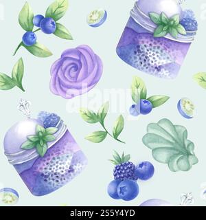 Eis und Schlagsahne im Glas mit Heidelbeere, brombeere, Chiasamen und Minze. Handgezeichnetes nahtloses Aquarellmuster auf hellgrünem Hintergrund. Marshmallow mit wilden Beeren für Süßwaren. Stockfoto