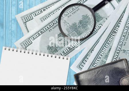 100 US-Dollar-Scheine und Lupe mit schwarzer Tasche und Notizblock. Das Konzept der Geldfälschung. Suchen Sie nach Unterschieden in Details zu Geld Stockfoto