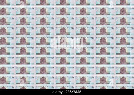 10 polnische Zloty-Scheine, gedruckt in Geldförderband. Collage aus vielen Scheinen. Konzept der Währungsinflation und -Abwertung. 10 polnischer Zloty Stockfoto