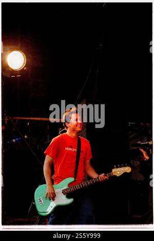BLINK-182, READING FESTIVAL, 2000: Mark Hoppus, der Bassgitarrist von Blink-182, spielt auf der Main Stage beim Reading Festival, 27. August 2000. Foto: Rob Watkins. INFO: Blink-182 ist eine US-amerikanische Pop-Punk-Band, die 1992 gegründet wurde und für ihre eingängigen Melodien, humorvollen Texte und energiereichen Auftritte bekannt ist. Mit Hits wie All the Small Things und Enema of the State wurden sie zu Ikonen des Punk-Revivals der späten 90er Jahre. Stockfoto