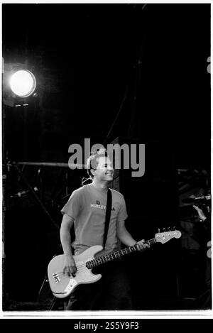 BLINK-182, READING FESTIVAL, 2000: Mark Hoppus, der Bassgitarrist von Blink-182, spielt auf der Main Stage beim Reading Festival, 27. August 2000. Foto: Rob Watkins. INFO: Blink-182 ist eine US-amerikanische Pop-Punk-Band, die 1992 gegründet wurde und für ihre eingängigen Melodien, humorvollen Texte und energiereichen Auftritte bekannt ist. Mit Hits wie All the Small Things und Enema of the State wurden sie zu Ikonen des Punk-Revivals der späten 90er Jahre. Stockfoto