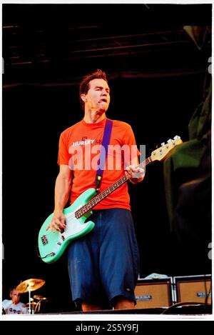 BLINK-182, READING FESTIVAL, 2000: Mark Hoppus, der Bassgitarrist von Blink-182, spielt auf der Main Stage beim Reading Festival, 27. August 2000. Foto: Rob Watkins. INFO: Blink-182 ist eine US-amerikanische Pop-Punk-Band, die 1992 gegründet wurde und für ihre eingängigen Melodien, humorvollen Texte und energiereichen Auftritte bekannt ist. Mit Hits wie All the Small Things und Enema of the State wurden sie zu Ikonen des Punk-Revivals der späten 90er Jahre. Stockfoto
