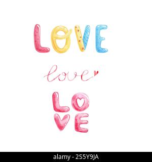 Schriftzug, Liebesaufschrift, Aquarellaufschrift. Handgemachte Inschrift Liebe. Valentinstag, Liebeserklärung, Hochzeitsdesign Stockfoto