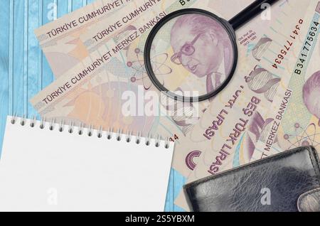 5 türkische Lira-Scheine und Lupe mit schwarzer Tasche und Notizblock. Das Konzept der Geldfälschung. Suchen Sie nach Unterschieden in Details zu Geld Stockfoto