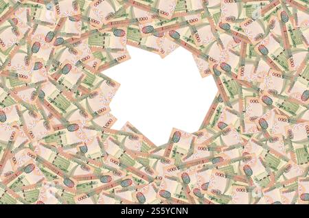 Ein Teil des braunen Guyana-1000-Dollar-Banknotenmusters aus nächster Nähe. Teil des braunen Guyana 1000-Dollar-Banknotenmusters Stockfoto