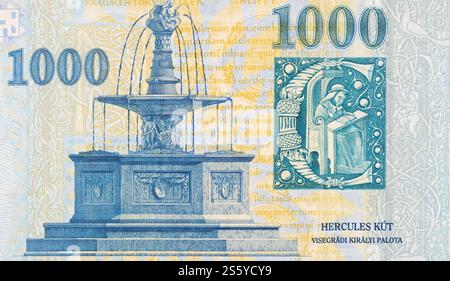 Visegrad Königlicher Brunnen auf Ungarn 1000 Forint 2006 Banknotenfragment. Königlicher Brunnen Visegrad auf Ungarn 1000 Forint 2006 Banknotenfragment Stockfoto