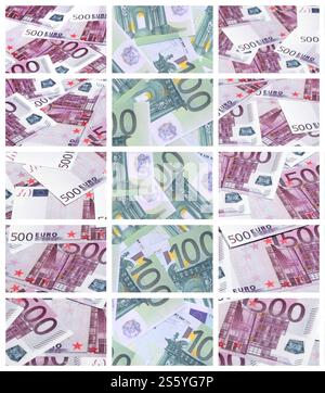 Eine Collage aus vielen Bildern von Hunderte von Dollar und Euro Rechnungen in einem Haufen Lügen Stockfoto