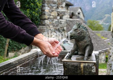 Hände an einem alten Brunnen mit frischem Wasser waschen Stockfoto