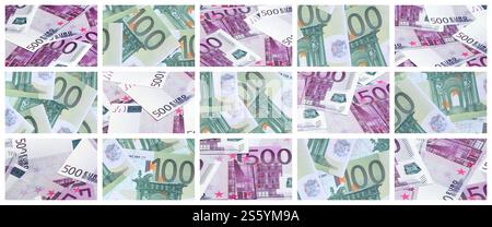 Eine Collage aus vielen Bildern von Hunderte von Dollar und Euro Rechnungen in einem Haufen Lügen Stockfoto