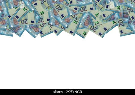 Musterteil einer 20-Euro-Banknote in Nahaufnahme mit kleinen blauen Details. Europäische Währungsrechnung. Musterteil der 20-Euro-Banknote in Nahaufnahme mit kleinem Blau Stockfoto