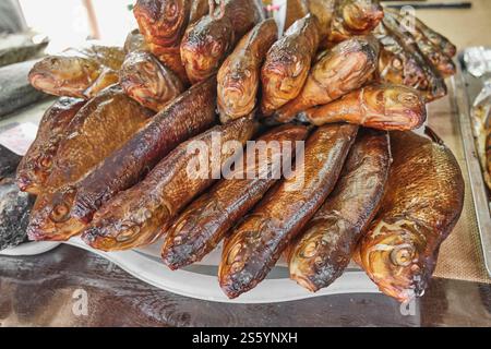 Geräucherte Brassen sind ordentlich in Reihen auf dem Marktstand angeordnet. Goldbraune, glänzende Oberfläche. FSH werden frisch zubereitet, mit intakten Köpfen und Augen. Stockfoto