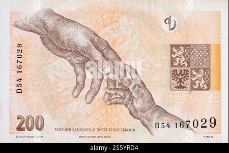 Tschechische Republik 200 Korun 1998 Banknote Nahaufnahme Rechnungsfragment. 200 CRONES. Tschechische Republik 200 Korun 1998 Banknote Nahaufnahme Rechnungsfragment Stockfoto
