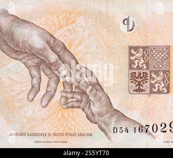 Tschechische Republik 200 Korun 1998 Banknote Nahaufnahme Rechnungsfragment. 200 CRONES. Tschechische Republik 200 Korun 1998 Banknote Nahaufnahme Rechnungsfragment Stockfoto