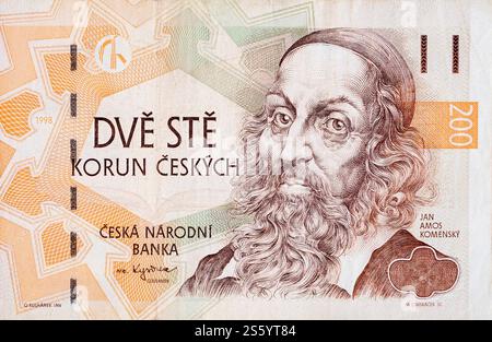 Jan Amos Komensky Porträt aus tschechischem Geld 200 Tschechische Korun Banknote. KORUN ist die Landeswährung der Tschechischen Republik 1998. Jan Amos Komensky Porträt aus Stockfoto