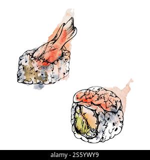 Traditionelles japanisches Essen, Sushi-Brötchen roher Fisch Tempura Garnelenschwanz, Lachs Thunfisch Avocadoscheiben, Fleckentropfen, handgezeichnet in Aquarell und Tinte Stockfoto