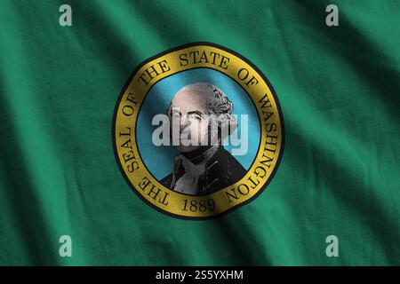 Washington US-Staatsflagge mit großen Falten, die dicht oben unter dem Studio-Licht zuwinken. Die offiziellen Symbole und Farben im Stoffbanner. Washington Stockfoto
