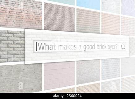 Visualisierung der Suchleiste auf dem Hintergrund einer Collage von vielen Bildern mit Bruchstücken von Ziegelwänden in verschiedenen Farben nah oben. Was Stockfoto