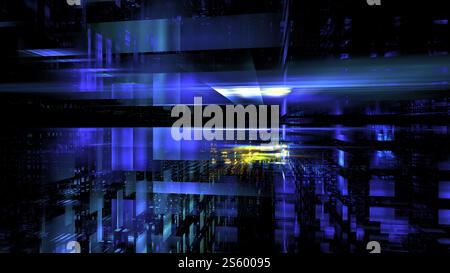 Farbenfrohe geometrische Formen und Linien prägen diese abstrakte digitale Landschaft mit leuchtenden Blau- und Gelbtönen, die ein Gefühl von Bewegung erzeugen Stockfoto