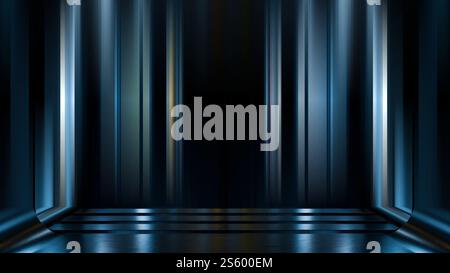 Geräumiger Innenraum mit eleganten Wänden und glänzender Oberfläche, die durch sanftes blaues Licht hervorgehoben wird. 3D-Rendering Stockfoto