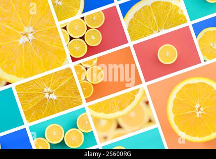Eine Collage von vielen Bildern mit saftigen Orangen. Einstellen von Bildern mit Früchten auf Hintergründe in verschiedenen Farben Stockfoto