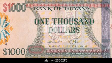 Ein Teil des braunen Guyana-1000-Dollar-Banknotenfragments aus nächster Nähe. Teil des braunen Guyana-1000-Dollar-Banknotenfragments Stockfoto